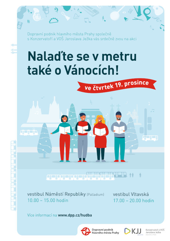 Nalaďte se v metru také o Vánocích! Ve čtvrtek 19. prosince vestibul Náměstí Republiky (Palladium) 10:00 - 15:00 a vestibul Vltavská 17:00 - 20:00.